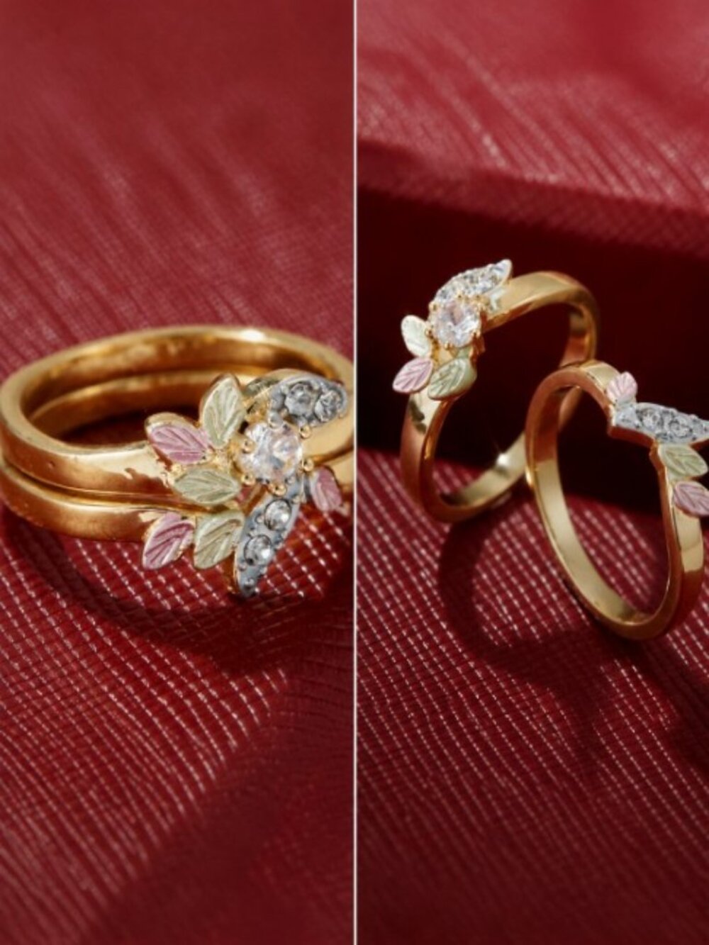 2pcs Nested Goldtone Ring Set Leaf Design Synthetic Cubic Zirconia Inlay Size 9